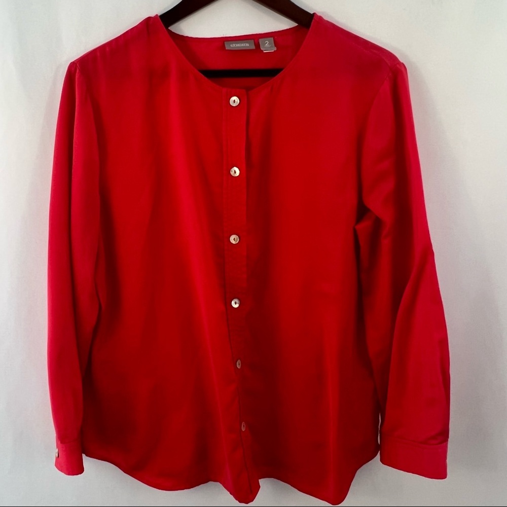 Chico's 2 Top Women’s L Large Red Collarless Shirt Button Down Long Sleeve